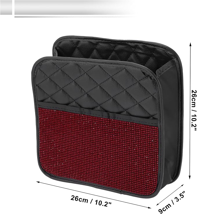 1 Pcs Universal Car Trash Can Hanging 10.2" Length 3.5" Width 10.2" Height Trash Bin Red Black Faux Leather Rhinestone