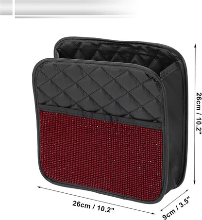 1 Pcs Universal Car Trash Can Hanging 10.2" Length 3.5" Width 10.2" Height Trash Bin Red Black Faux Leather Rhinestone