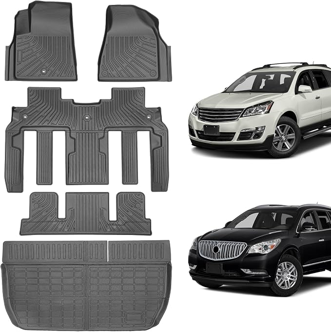 Floor Mats & Cargo Liner for Chevy Traverse 2009-2017 & Buick Enclave 2008-2017, Custom Fit All Weather TPE Floor Liners for Traverse & Enclave 7 Seats Accessories 3 Rows and Cargo Liner Set
