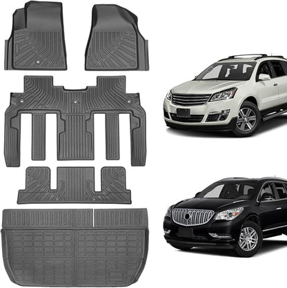 Floor Mats & Cargo Liner for Chevy Traverse 2009-2017 & Buick Enclave 2008-2017, Custom Fit All Weather TPE Floor Liners for Traverse & Enclave 7 Seats Accessories 3 Rows and Cargo Liner Set