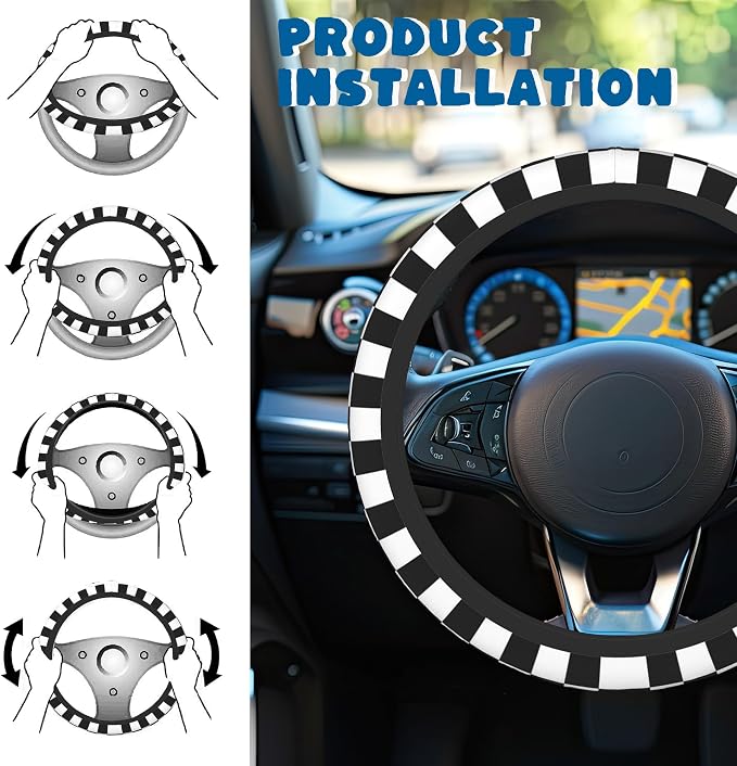 Car Steering Wheel Cover, 14.5"-15" Inch Universal Anti-Slip DurableSteering Wheel Protective Cover, Breathable Auto Interior Decoration Accessories for Sedan SUV Truck (Black White Checkered)