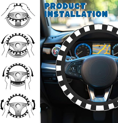 Car Steering Wheel Cover, 14.5"-15" Inch Universal Anti-Slip DurableSteering Wheel Protective Cover, Breathable Auto Interior Decoration Accessories for Sedan SUV Truck (Black White Checkered)