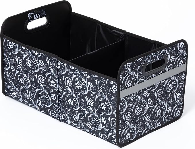 GreaterGood Paws Car Trunk Organizer Foldable Storage Bin with Handles Non Slip Base Pet Gear Travel Tote for SUV Truck (Flourish Paws)
