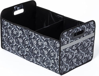 GreaterGood Paws Car Trunk Organizer Foldable Storage Bin with Handles Non Slip Base Pet Gear Travel Tote for SUV Truck (Flourish Paws)