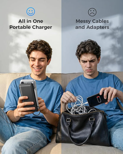 VEGER Portable Charger Power Bank with Built-in AC Plug and Cables, All in One 10000mAh Ultra Slim Travel Essentials, Fast Charging Battery Pack Compatible with iPhone, Samsung, Android, Black