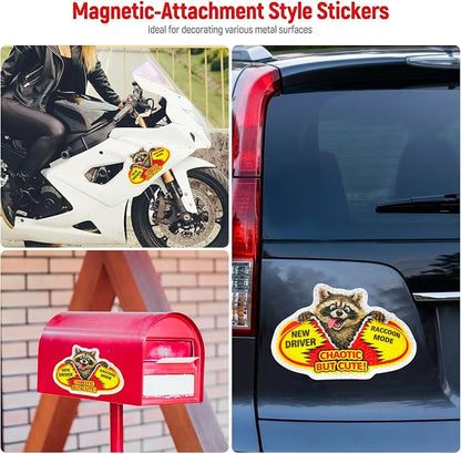 3 Pcs Reflective Student Driver Magnet and Stickers Set - Funny Animal New Driver Safety Signs for Car, Waterproof & Weatherproof High Visibility Vehicle Bumper Decals, Magnet + Stickers (Raccoon)