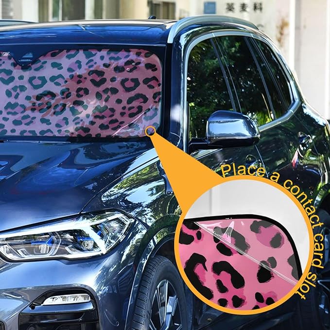 Hot Pink Black Leopard Print Windshield Sun Shade for Car Auto SUV Truck Foldable Front Window Sunshade Sun Visor Protector Block UV Rays Reflect Heat, 55" x 28"