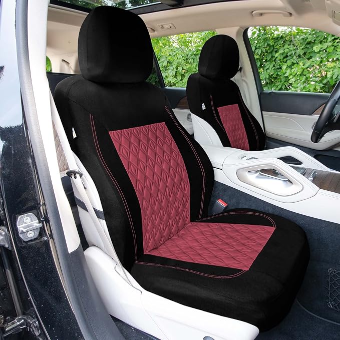 Universal Fit Diamond Stitched Flat Cloth Car Seat Covers Full Set - Burgundy