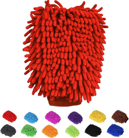 Car Wash Mitt Chenille Microfiber Super Absorbent, Premium Car Washing Gloves for Cleaning Cars, Trucks, Motorcycles (Red)