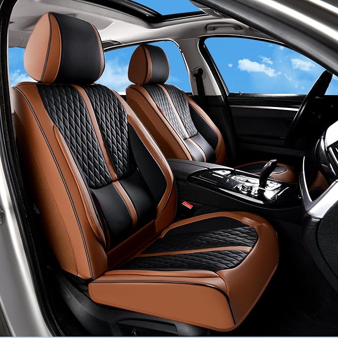 Huidasource Front Seat Covers, Luxury Nappa Leather Driver Seat Cover with Airbag, Lumbar Support, Cooling＆Heating, Seatbelt Buckles, Front Seat Cover Universal Fit for Most Cars SUV Trucks, Brown
