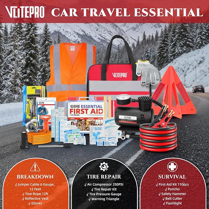 Car Emergency Kit,Roadside Emergency Car Kit for Vehicles,with Portable Air Compressor,Jumper Cable for Women,Men,Teen