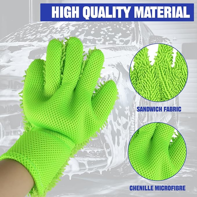 2PCS Car Wash Mitt, 5 Finger Chenille Microfiber Cleaning Mitt for Cars, Scratch-Free Auto Washing Gloves, Car Interior Exterior Cleaning Gloves, Great for Hard-to-Reach Areas (Green)