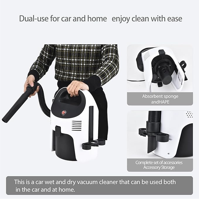 Portable Wet/Dry Vacuum, 2-Gallon, Small Shop Vacuum，Corded, Compact Wet/Dry Vacuum for Pets & Cars，Black-White Elf