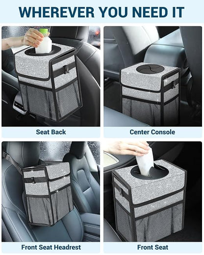 Capolo Car Trash Can with Lid, Leakproof Car Trash Bag Hanging Waterproof Automotive Garbage Can with Storage Pockets Mini Vehicle Trash Bin for Back/Front Seat(Silver Glitter,2.5 Gallon)