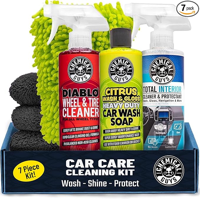 Chemical Guys Car Cleaning Kit - with Car Wash Soap, Wheel Cleaner, Total Interior, Car Wash Mitt - Interior and Exterior Wash Kit with Vehicle Cleaning and Detailing Accessories - 7 Item Kit
