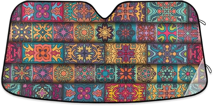Boho Ethnic Car Windshield Sun Shade Bohemian Stripes Colorful Mandala Flower Foldable UV Ray Sun Visor Protector Sunshade to Keep Your Vehicle Cool (55" x 27.6")