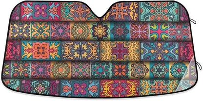Boho Ethnic Car Windshield Sun Shade Bohemian Stripes Colorful Mandala Flower Foldable UV Ray Sun Visor Protector Sunshade to Keep Your Vehicle Cool (55" x 27.6")