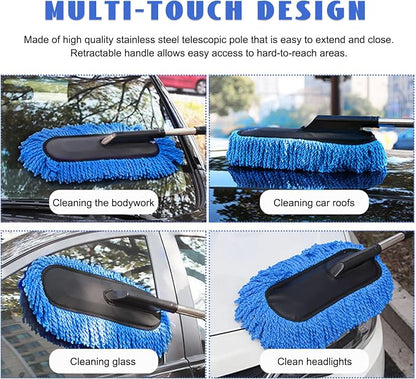 2 PCS Microfiber Car Duster, Scratch Free Auto Exterior Interior Large Dusting Cleaning Brush, Multipurpose Vehicle Dust Cleaner with Extendable Handle, Car Accessories (Blue)