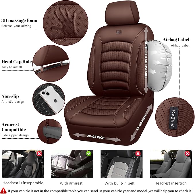 CAR PASS 3D Foam PU Leather Car Seat Covers, Universal Seat Covers Full Sets for Trucks SUV Sedan Automotive Seat Covers Armrest Airbag Compatible Waterproof Comfortable Faux Nappa Leather All Brown