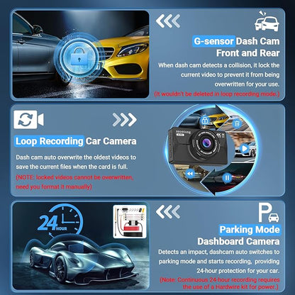 Dash Cam Front and Rear, Dash Cam 4K WiFi/APP Control Dashcam W/ 64GB Card Dash Camera for Cars DVR Car Security Cameras W/Loop Recording G-Sensor Time-Lapse Parking Mode Car Dashcam USB Powered
