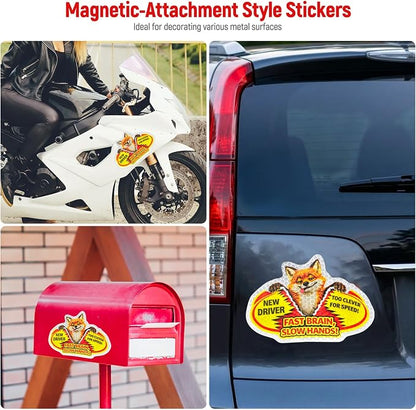 3 Pcs Reflective Student Driver Magnet and Stickers Set - Funny Animal New Driver Safety Signs for Car, Waterproof & Weatherproof High Visibility Vehicle Bumper Decals, Magnet + Stickers (Fox)