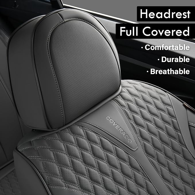 Coverado Leather Seat Covers, Car Seat Covers Full Set, Waterproof Seat Covers 5 Seats, Front and Back Car Seat Protector, Gray Car Seat Cover Universal Fit for Most Cars Suvs Trucks