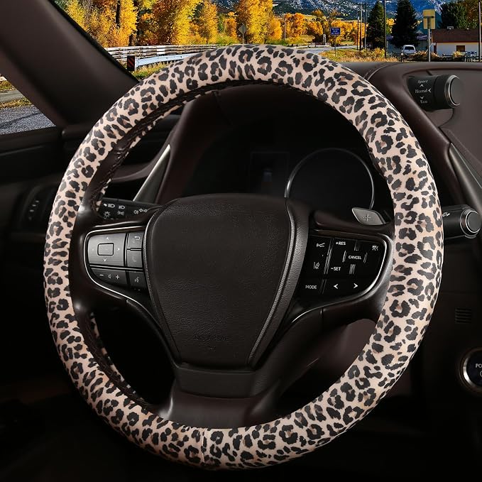 Leopard Print Steering Wheel Cover with Silicone Inner Ring, Non-Toxic, Odorless Silicone Leather with Non-Fading Cheetah Pattern for Men Women, Universal 14.5 to 15 Inch (Leopard Print)