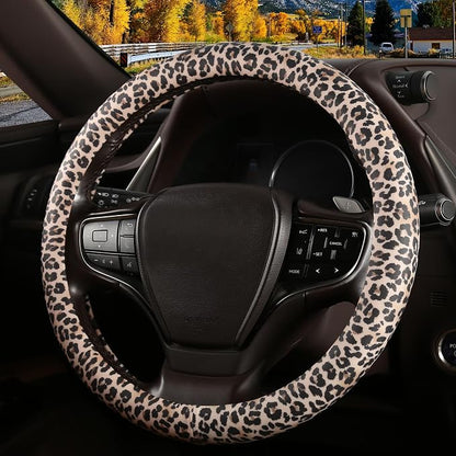 Leopard Print Steering Wheel Cover with Silicone Inner Ring, Non-Toxic, Odorless Silicone Leather with Non-Fading Cheetah Pattern for Men Women, Universal 14.5 to 15 Inch (Leopard Print)