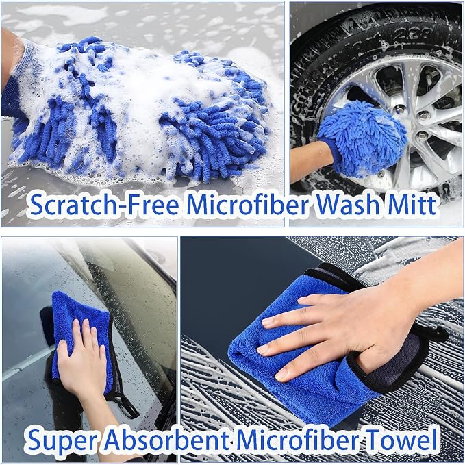 Wontolf 62'' Car Wash Brush with Long Handle, Scratch-Free Soft Bristles Sturdy Car Wash Mop Kit, Complete Car Cleaning Brush Kit Wash Mitt Towel Windshield Squeegee Wheel Tire Brush for Car Truck RV