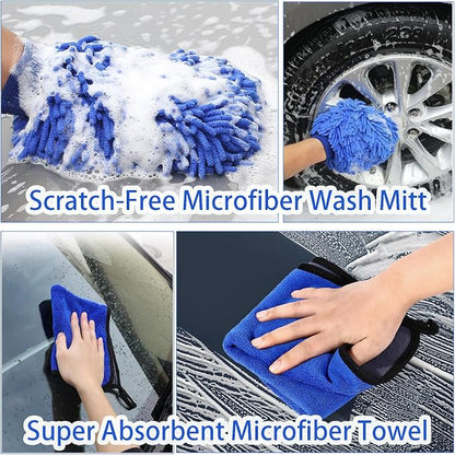 Wontolf 62'' Car Wash Brush with Long Handle, Scratch-Free Soft Bristles Sturdy Car Wash Mop Kit, Complete Car Cleaning Brush Kit Wash Mitt Towel Windshield Squeegee Wheel Tire Brush for Car Truck RV