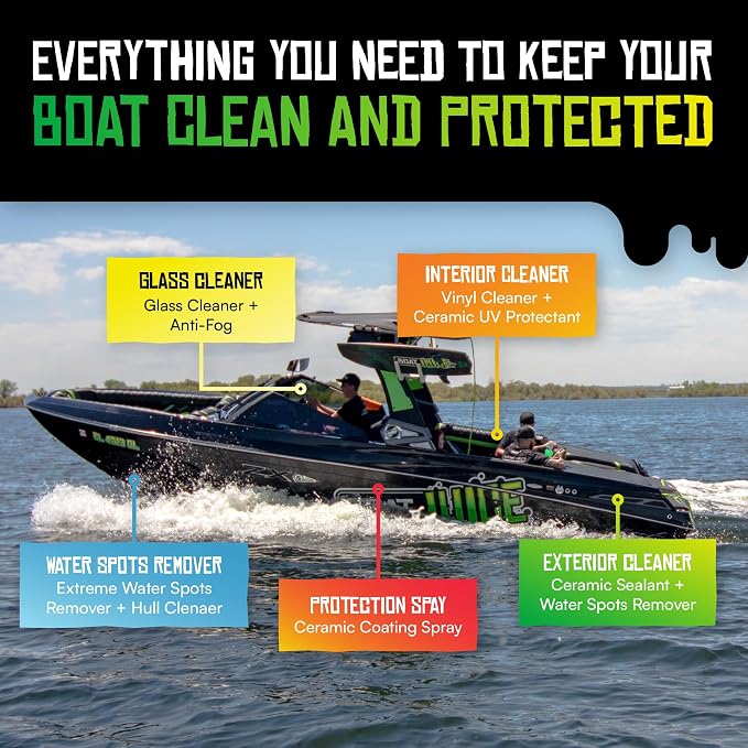 Boat Juice Luxury Boat Cleaning Kit | Interior Vinyl Seat Cleaner, Exterior Cleaner & Protectant, Hard Water Spot Remover, Ceramic Coating, Glass Cleaner, 2 Microfiber Towels | Marine Kit, Made in USA