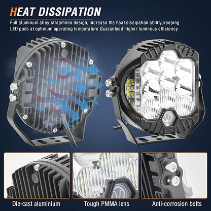 AUTOXBERT 5 Inch Round LED Offroad Lights, 50W Side Shooter Pods Spot Flood Combo Beam Fog Driving Lights for for Pickup Trucks SUV UTV ATV 4x4, 2Pcs