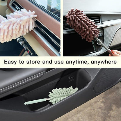 2PCS Car Interior Duster with Extension Pole, Microfiber Retractable Dusters Auto Dash Cleaning Tool, Soft Chenille Hand Washable Dusters for Vehicle Window Office Furniture (Light Green)