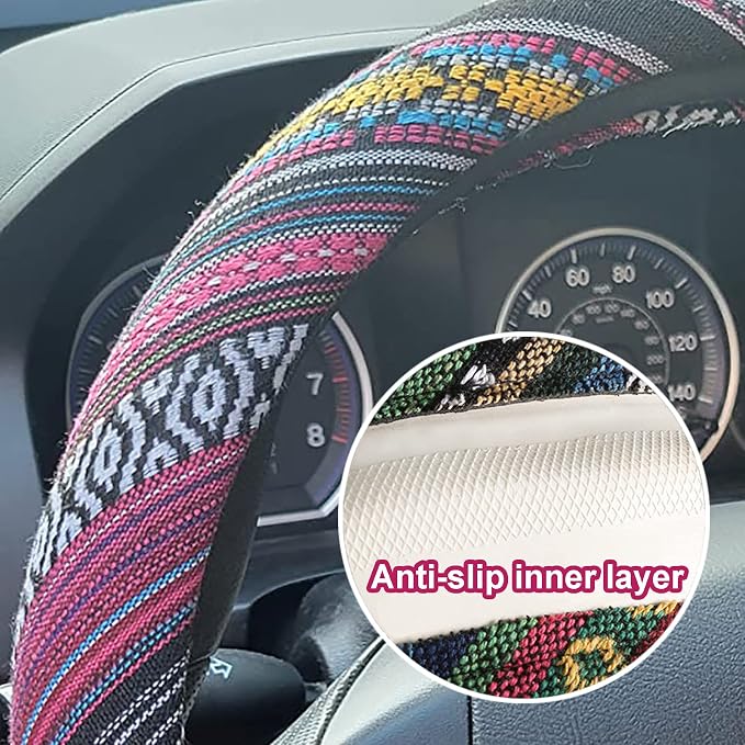 Boho Steering Wheel Cover for Women Men Baja Blanket Enthic Car Steering Wheel Cover Ethnic Car SUV Wheel Protector, Breathable, Anti-Slip, Odorless, Universal Fit 14.5-15 Inch