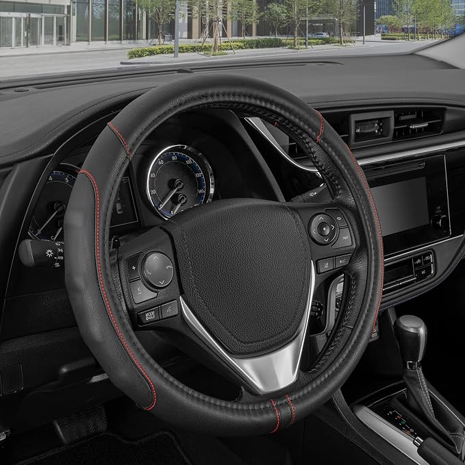 Motor Trend GripDrive Faux Black Leather Steering Wheel Cover for Car Truck Van SUV, Small 14 inch Size, Red Accent Stitched Car Steering Wheel Cover Vehicle & Auto Accessories