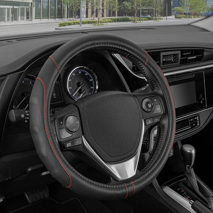 Motor Trend GripDrive Faux Black Leather Steering Wheel Cover for Car Truck Van SUV, Small 14 inch Size, Red Accent Stitched Car Steering Wheel Cover Vehicle & Auto Accessories