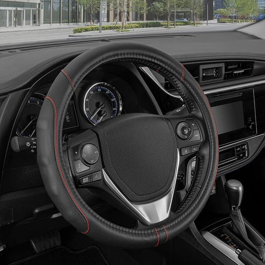 Motor Trend GripDrive Faux Black Leather Steering Wheel Cover for Car Truck Van SUV, Small 14 inch Size, Red Accent Stitched Car Steering Wheel Cover Vehicle & Auto Accessories
