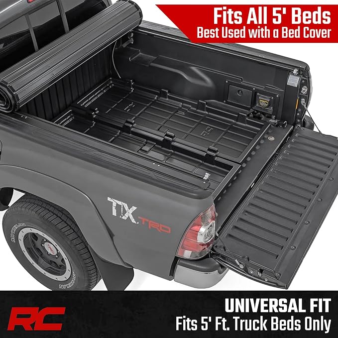 Rough Country Slide-Out Truck Bed Cargo Tray - Mid-Size Bed Organizer for 5' & Shorter Beds, Heavy-Duty Polyethylene, UV-Protected, Easy Tailgate Access