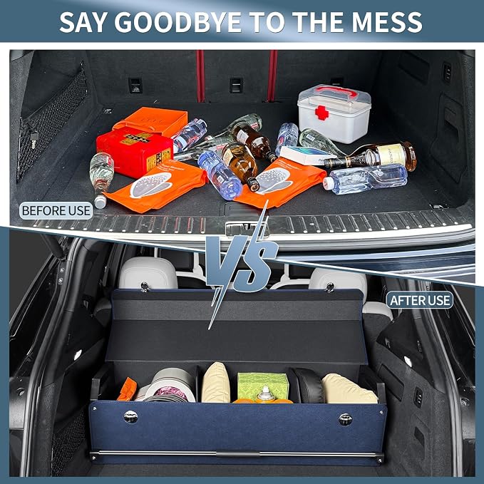 Car Trunk Organizer, Leather Trunk Organizer for Suv with Lid and Push-pull Handle Car Trunk Leather Storage Box Extra Large Cargo Storage (Blue, 41.3 x 11.4 x 12.2in)
