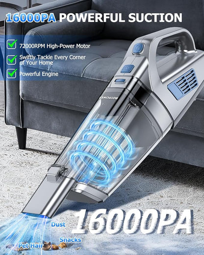 BQYPOWER Handheld Vacuum Cordless, 16000PA Strong Suction Hand Held Vacuum Cordless Rechargeable with Multiple Accessories, Portable Car Vacuum Cleaner High Power for Car Home Office
