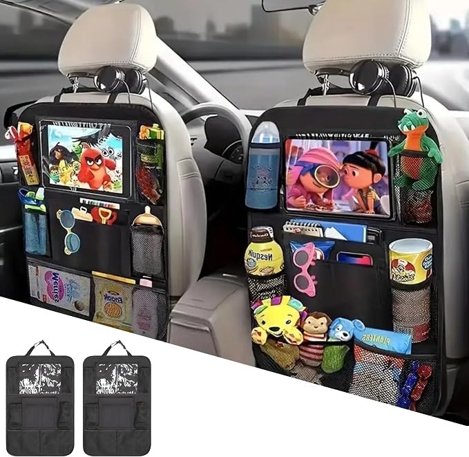Car Backseat Organizer, Kids Seat Pockets, Back Seat Protector, Durable Strong Straps, Touchable Tablet Holder, Easy Wash, 10 Storage Pockets, 2 Pack Set