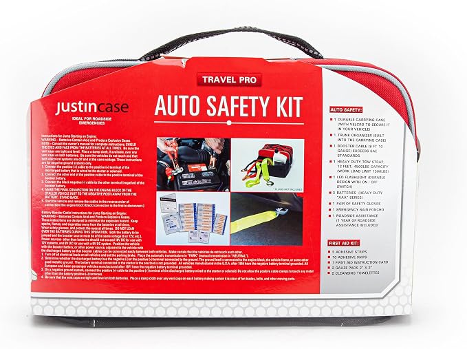 Justin Case Travel Pro Emergency Roadside Kit - Compact Car Safety Set with Jumper Cables, Tow Strap, Flashlight, Gloves, First Aid Kit & 1-Year Free Roadside Assistance