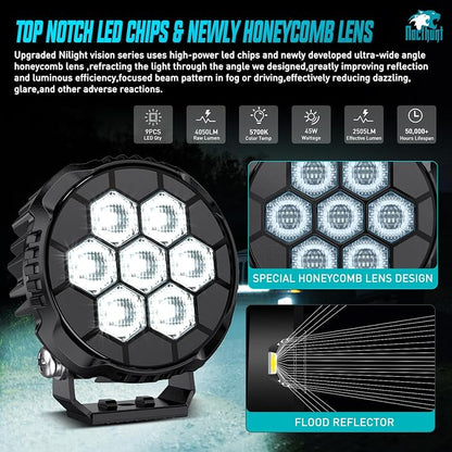 Nilight LED Pod Light 2 PCS 4.1 Inch 45 W 9 LED Round Hyper Flood Beam Offroad Driving Lights w/16 AWG Rocker Switch Wiring Harness Kit for Truck Motorbike Boat ATV UTV