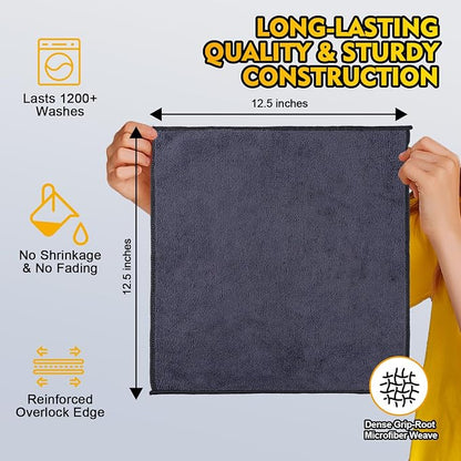 HOMEXCEL Microfiber Cleaning Cloth 12 Pack, 12.5 x 12.5 inch Microfiber Towels for Cars, Ultra Absorbent Washing Cloth, Lint Free Streak Free Cleaning Rags for Car, Kitchen, and Window (Grey)