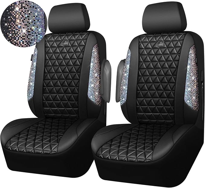 CAR PASS Bling Diamond Leather Car Seat Covers for 2 Front Interior Sets, Waterproof Shining Glitter Sparkly Crystal Universal Armrest Automotive Truck SUV Cute Women Girl, Black Multicolor Rhinestone