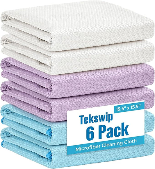 Microfiber Glass Cleaning Cloth, White Purple Blue, 6 Pack | 15.5x15.5 Inches Lint Free Streak Free Stainless Steel Cloth For Window Screen Car