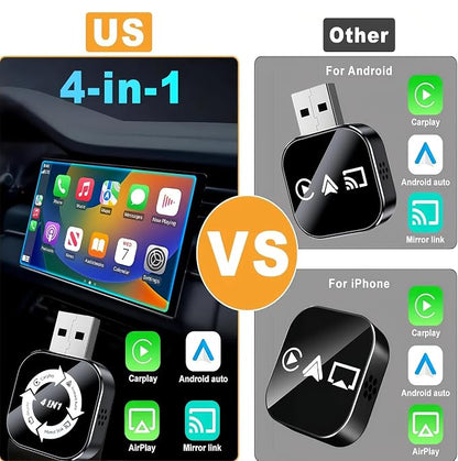 2026 Upgraded 4-in-1 Wireless CarPlay Adapter, Convert Wired to Wireless CarPlay & Android Auto, Support AirPlay & Screen Mirroring, Zero Latency Plug & Play, USB/Type-C for iPhone iOS & Android