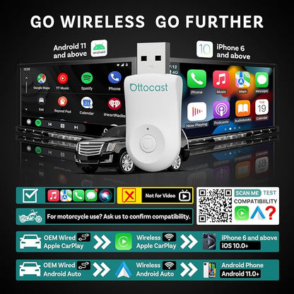 OTTOCAST Mini 2025 Wireless CarPlay & Android Auto 2-in-1 Adapter, Fast Stable Connection, Plug & Play for iPhone & Android Devices (White)