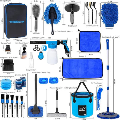 THINKWORK Car Wash Kit, Car Detailing Kit with Foam Gun, Car Wash Brush Mop and Large Folding Bucket Suitable for Car Cleaning, Blue Car Wash Set Gift for Men and Women