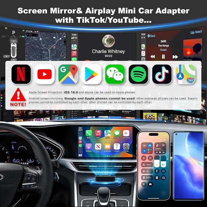 2026 Upgraded Wireless Carplay Adapter, 4 in 1 Screen Mirroring Support Mirror Link/AirPlay for Apple CarPlay & Android Auto